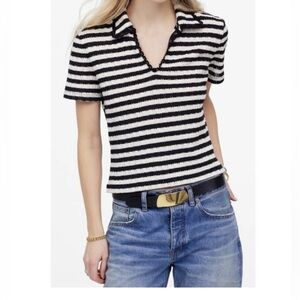 Madewell Crochet Knit Striped Collared Tee V-Neck Embroidered Preppy Size M